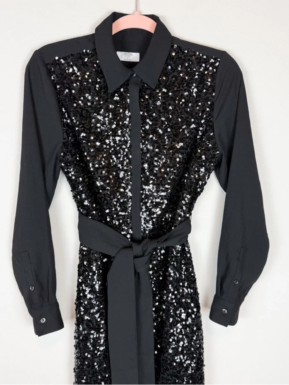 Untuckit Black Sequin Crepe Lexie Shirt Dress Long Sleeve Midi Size 6 - Picture 4 of 11